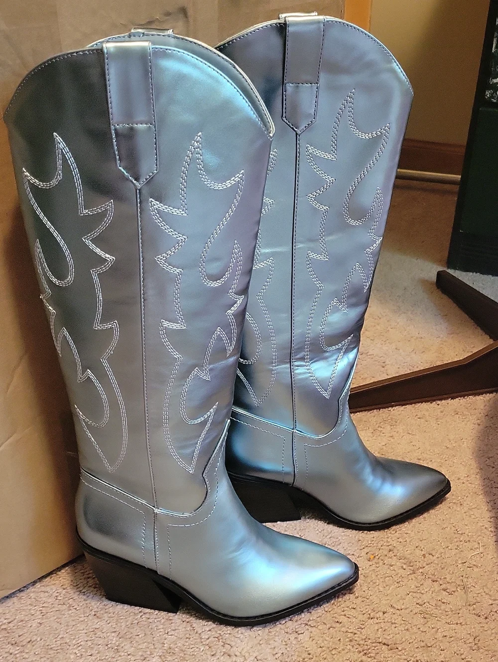 Metallic Blue Silver Western Knee-High Women's Boots